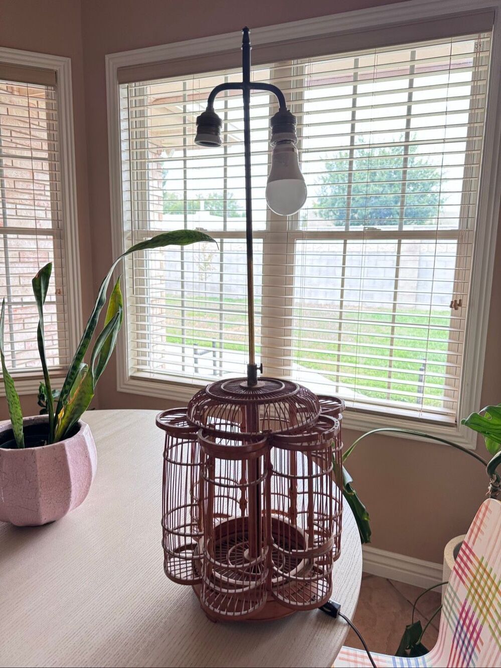 Antique Chinese birdcage bamboo wooden hanging light fixture cylinder chambers
